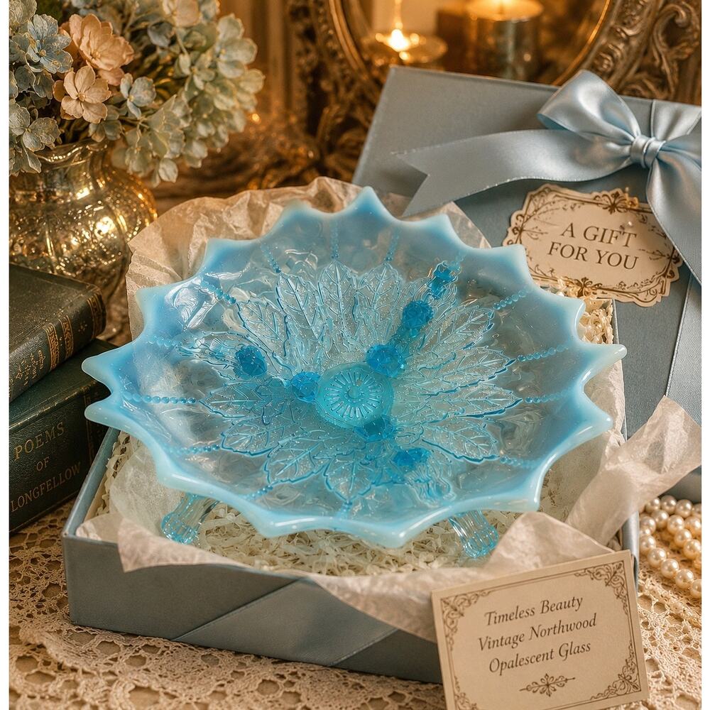 Vintage Northwood Blue Opalescent Footed Candy Dish Leaf & Beads Glass